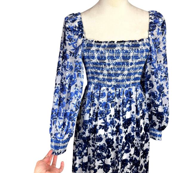 Alice + Olivia Cooper Antique Blue Floral Silk Blend Smocked Dainty Mini Dress - Picture 8 of 13